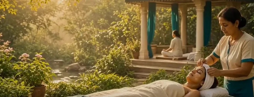 An Ayurvedic wellness therapy in a garden setting